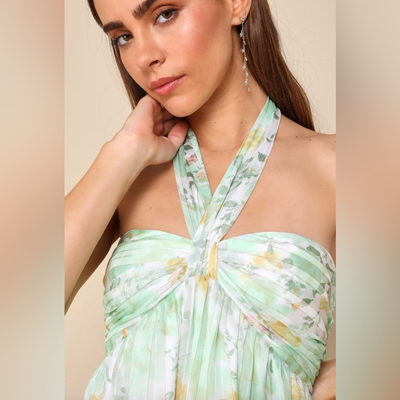 NWT - Lulus Radiantly Sweet Light Green and White Floral Halter Mini Dress - Picture 4 of 7